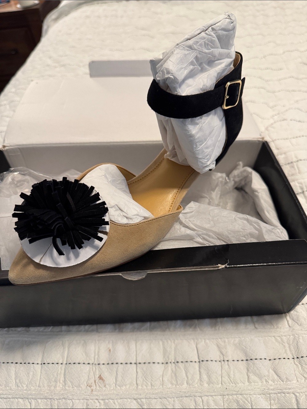 J. Crew Two-Tone Pointed Toe Flat with Pom Pom - Gold and Black